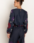 Greek Archaic Kori, Long-Sleeved Peacocks Blouse- Navy/Purple
