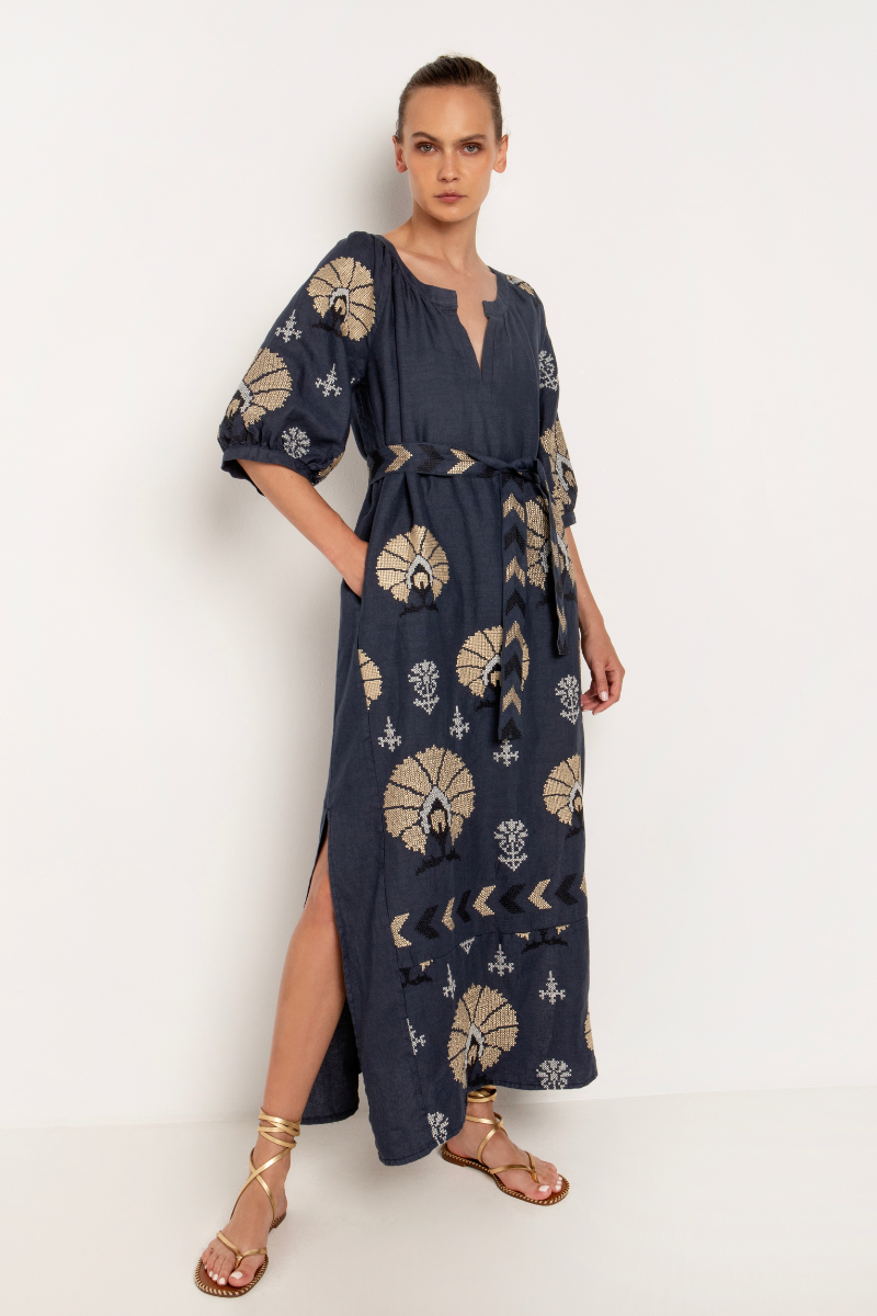 Greek Archaic Kori, Long Belted Dress with Peacocks- Navy/Gold Snapdragon Designs Greek Archaic Kori, Long Belted Dress with Peacocks- Navy/Gold Snapdragon Designs