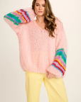 Les Tricots D'O, Eleanor Mohair V-Neck Sweater-Pink w/Coloured Sleeves