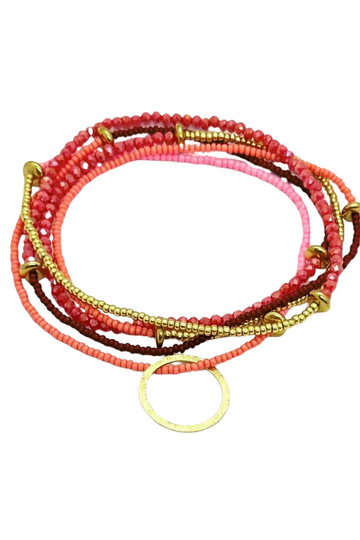 The Makery, Beaded Heartstring Necklace- Watermelon Pink, Salmon & Gold