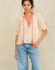 M.A.B.E, Talia Embroidered Short Sleeve Top-Beige/Orange