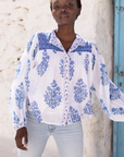 Oliphant, Mandarin Pintuck Blouse - Salvia Blue