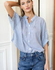 Emerson Fry, Mandarin Collar Organic Top- Indigo Stripe