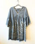 Greek Archaic Kori, Chevron Dress with Bell Sleeves- Light Grey/Champagne