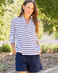 Frank & Eileen, Patrick Popover Henley- White,Wide Navy Stripe