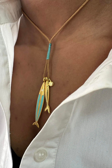 The Makery, Double Fish Necklace on Adjustable Tan Cord