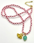 Pale Pink Glass Necklace on Red Knotted Cord- Amazonite