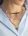 Long Blue Beaded Necklace w/Blue Chalcedony Pendant