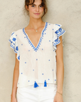 M.A.B.E, Mina Emb Short Sleeve Top - Ivory/Blue