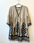 Greek Archaic Kori, Chevron Dress with Bell Sleeves - Beige/Black