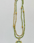 The Makery Collection, Long Beaded Necklace - Green and Gold with Sparkling Green Amethyst Pendant