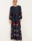 Greek Archaic Kori, Peacocks Linen Trousers- Navy/Purple