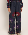 Greek Archaic Kori, Peacocks Linen Trousers- Navy/Purple