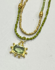 The Makery Collection, Long Beaded Necklace - Green and Gold with Sparkling Green Amethyst Pendant