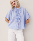 0039 Italy, Daisy Linen Striped Blouse- Blue/White