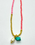 Beaded Necklace with Pearl- Pink/Orange& Turquoise