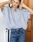 Emerson Fry, Mandarin Collar Organic Top- Indigo Stripe