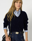 Gerad Darel, Edwige V-neck Wool Sweater with Rhinestones - Marine