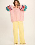 Les Tricots D'O, Eleanor Mohair V-Neck Sweater-Pink w/Coloured Sleeves