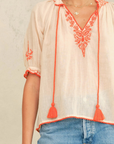 M.A.B.E, Talia Embroidered Short Sleeve Top-Beige/Orange
