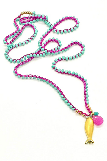 The Makery, Boho Necklace with Fish Charm- Pink and Turquoise