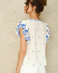 M.A.B.E, Mina Emb Short Sleeve Top - Ivory/Blue