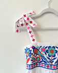 Nimo, Agate Dress- White/Blue Bird Embroidered
