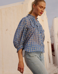 Oliphant, Ruffle Front Button Blouse- Aster Blue