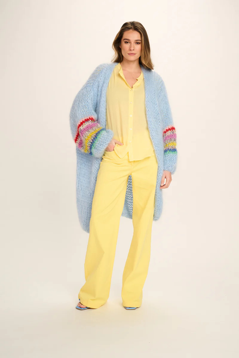 Les Tricots D'O, Ellis Long Cardigan-Pale Blue w/Coloured Sleeves