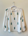 Delfina, Anju Cotton Blouse - White Azzurro Green