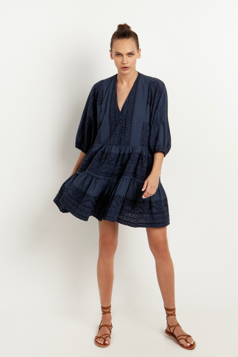 Greek Archaic Kori, Short Embroidered Dress- Navy – Snapdragon Designs