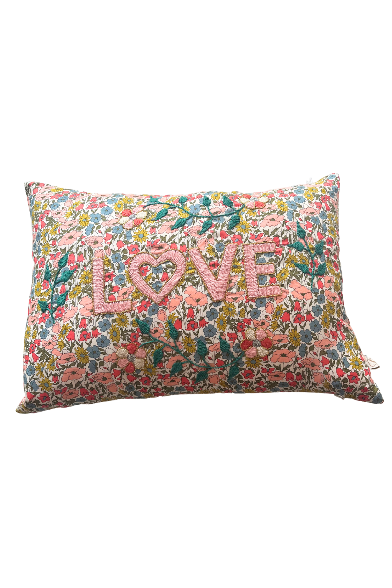 Pink embroidered pillow sale