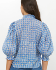 Oliphant, Ruffle Front Button Blouse- Aster Blue