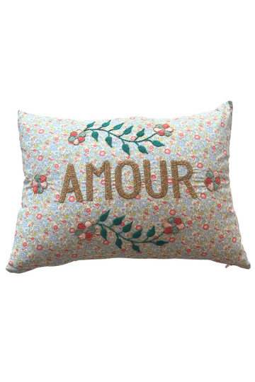 Embroidered Pillow AMOUR- White/Blue/Green/Orange/Gold