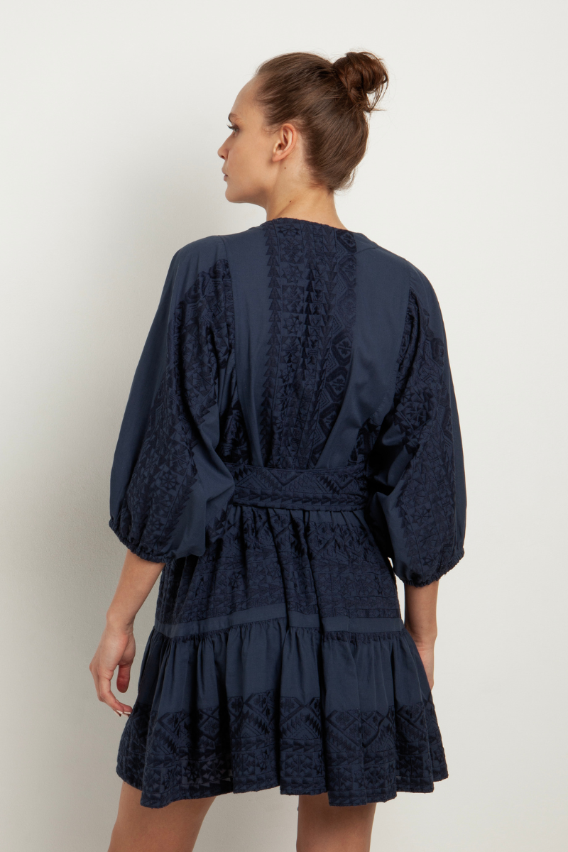Greek Archaic Kori, Short Embroidered Dress- Navy  Snapdragon Designs