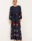 Greek Archaic Kori, Long-Sleeved Peacocks Blouse- Navy/Purple