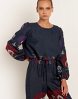 Greek Archaic Kori, Long-Sleeved Peacocks Blouse- Navy/Purple