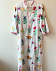 Nimo With Love, Blue Opal Kaftan - White with Mexican Embroidery