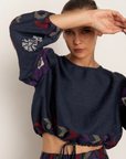 Greek Archaic Kori, Long-Sleeved Peacocks Blouse- Navy/Purple