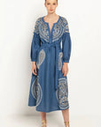 Greek Archaic Kori, Paisley Ruffle Long Dress with Belt- Indigo/Gold