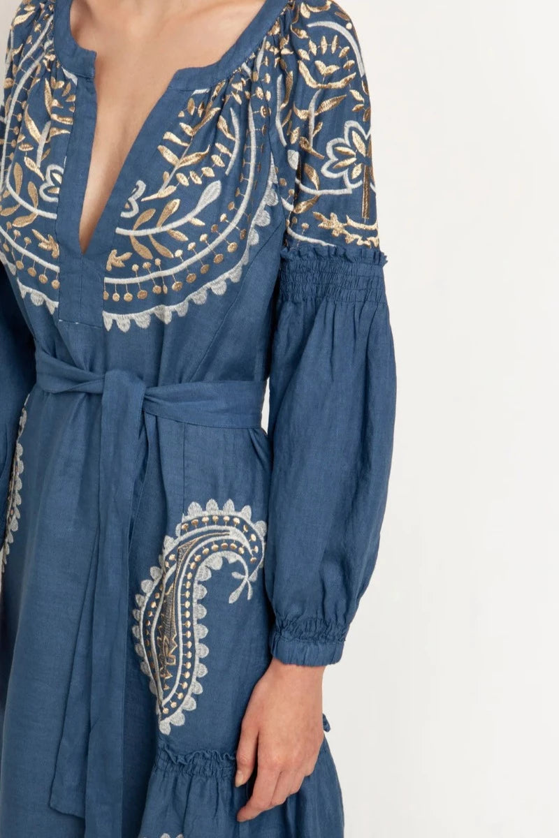 Greek Archaic Kori, Paisley Ruffle Long Dress with Belt- Indigo/Gold Snapdragon Designs Greek Archaic Kori, Paisley Ruffle Long Dress with Belt- Indigo/Gold Snapdragon Designs