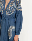 Greek Archaic Kori, Paisley Ruffle Long Dress with Belt- Indigo/Gold