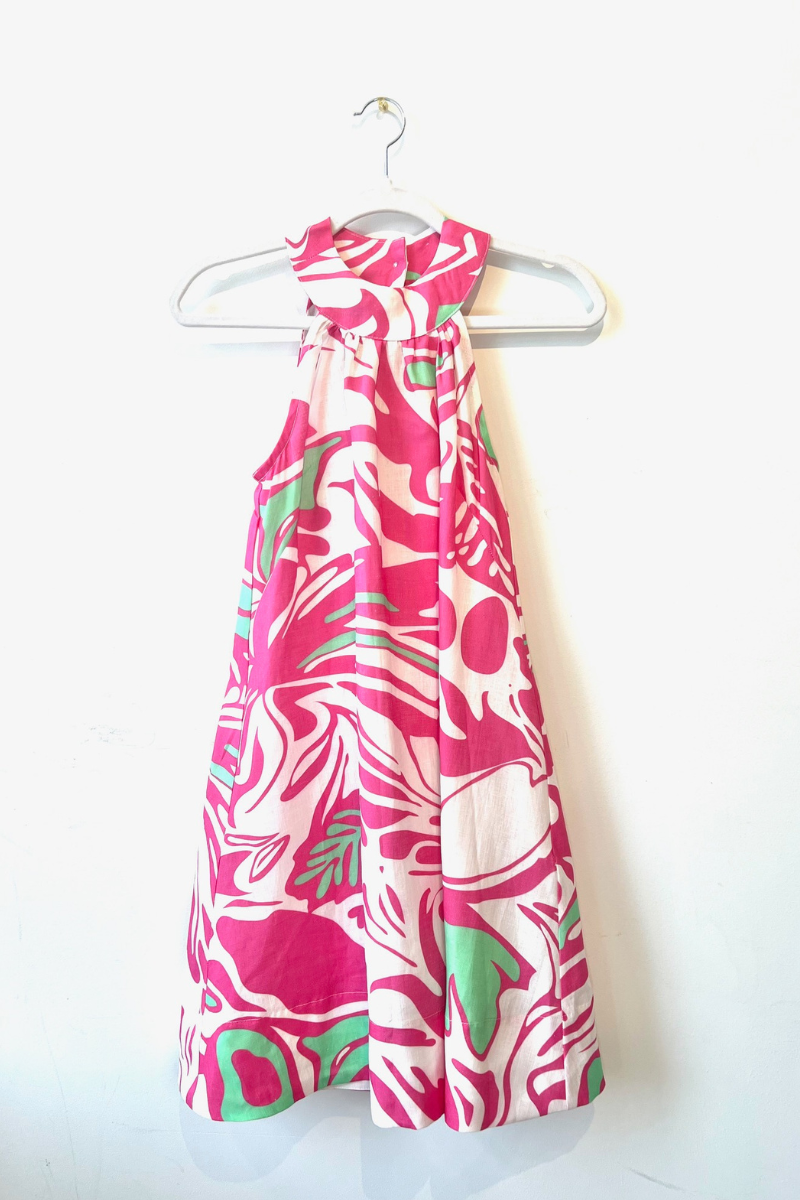 Haris Cotton, Printed Halter Neck Mini Linen Dress- Tropical Fuchsia –  Snapdragon Designs