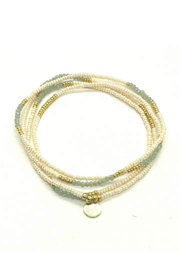 The Makery, Beaded Five Wrap Bracelet in Pearl and Sage