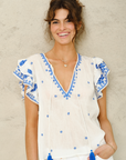 M.A.B.E, Mina Emb Short Sleeve Top - Ivory/Blue