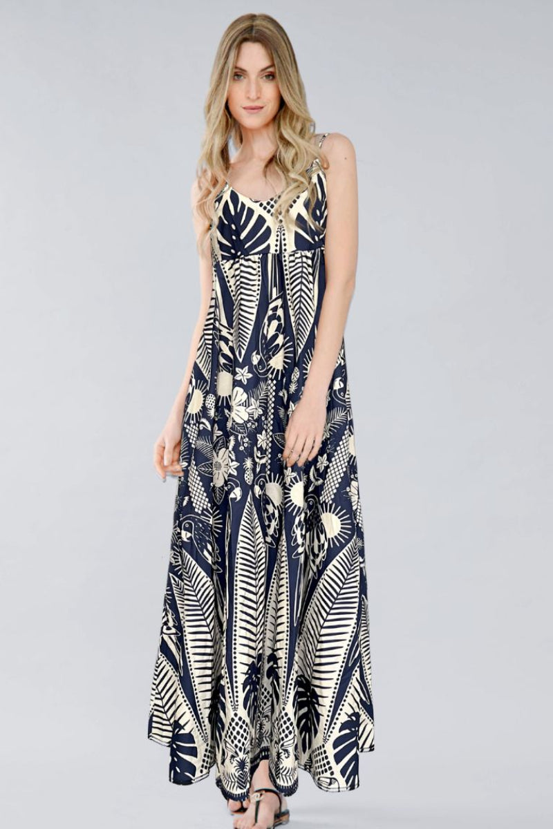 Zenara, Printed Cotton Spaghetti Strap Dress-Navy/White