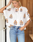 merson Fry, Mandarin Collar Organic Top-Tomas Flowers Marigolds