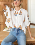merson Fry, Mandarin Collar Organic Top-Tomas Flowers Marigolds