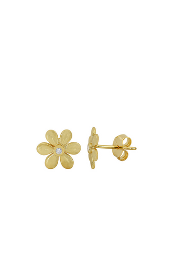 Gold Floral Stud Earrings with Cubic Zirconia Center