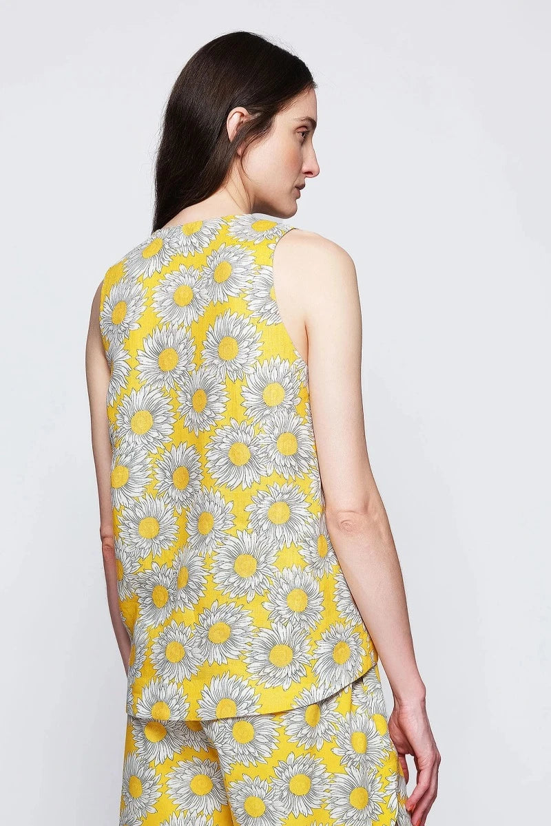 Mirto, Yellow Floral Print Linen Top- Yellow